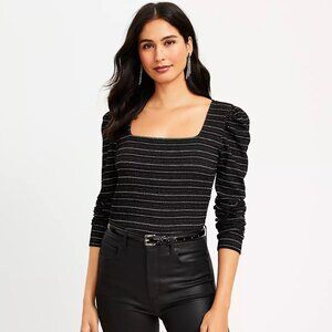 Ann Taylor LOFT Sparkle Puff Sleeve Square Neck Top - Black Gold Silver; Size L